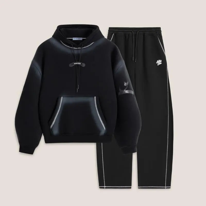 Oversized Batwing Sleeve Hoodie & Baggy Pants Leather Patch