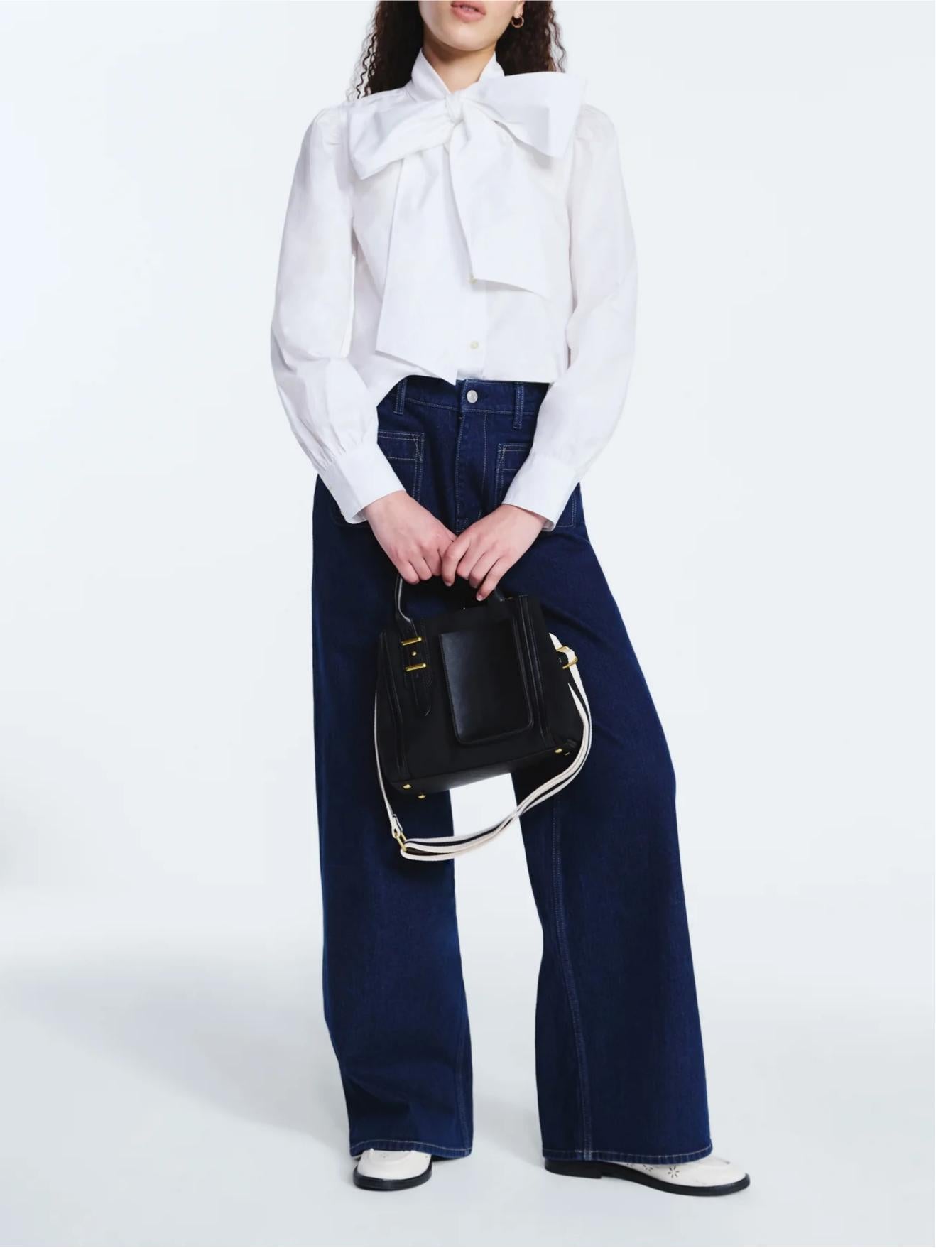 Cotton Tie Neck Blouse with Long Puff Sleeves