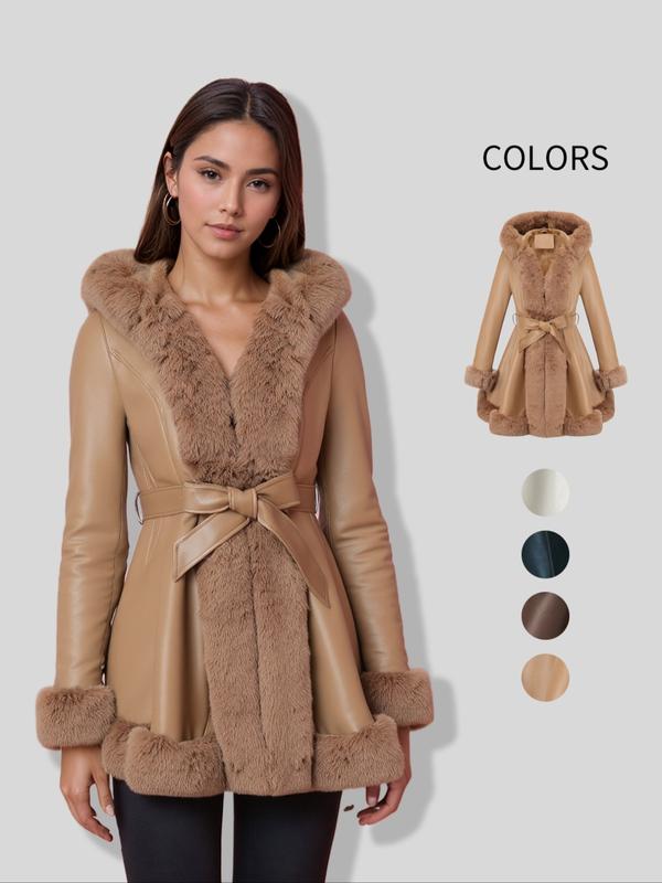 Women's Fall Winter Faux Leather Jacket with Detachable Belt