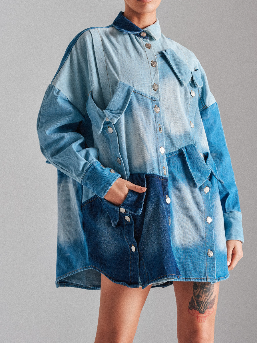 Denim Spliced Multi-Layer Faux-Collar Dress