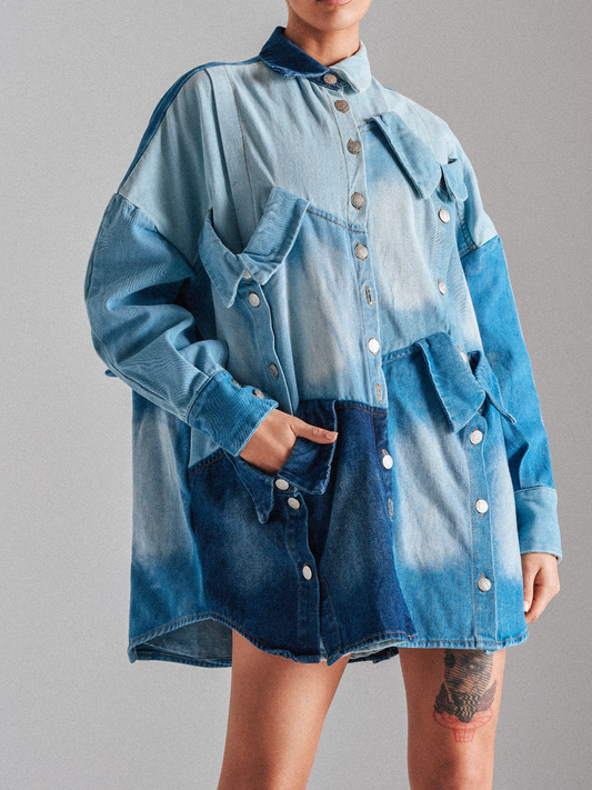 Denim Spliced Multi-Layer Faux-Collar Dress