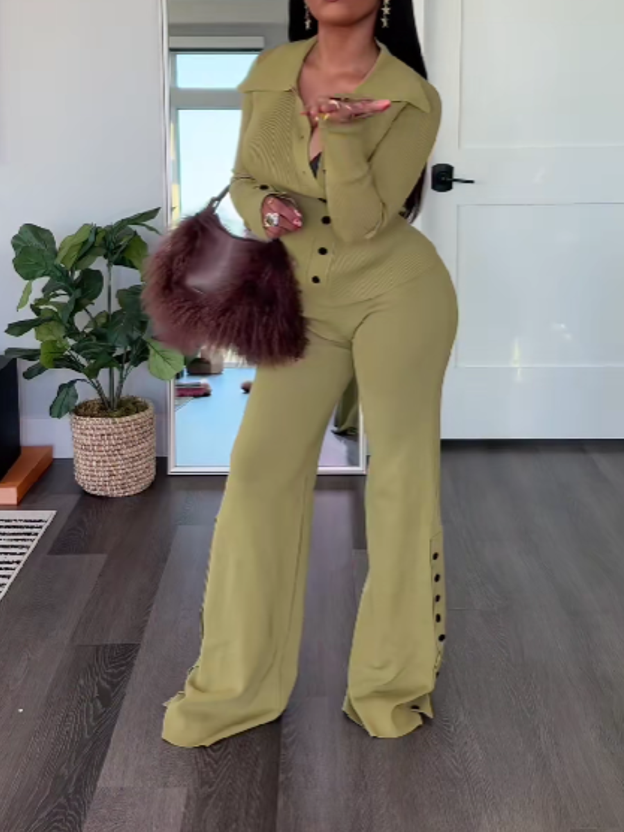 Elastic Knitted Suit With Slant Button