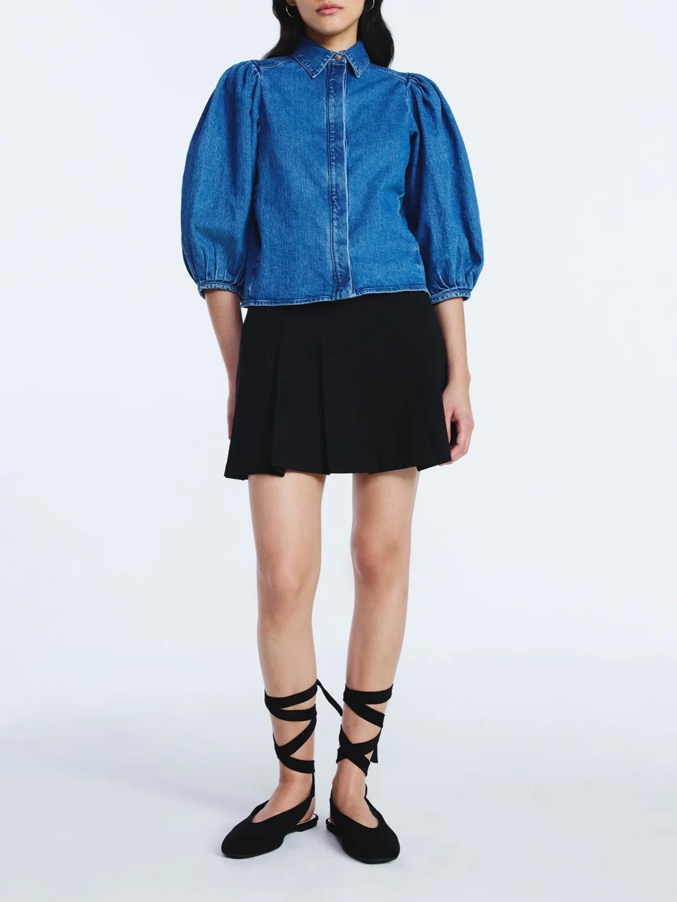 Denim Shirt with 3/4 Length Puff Sleeves