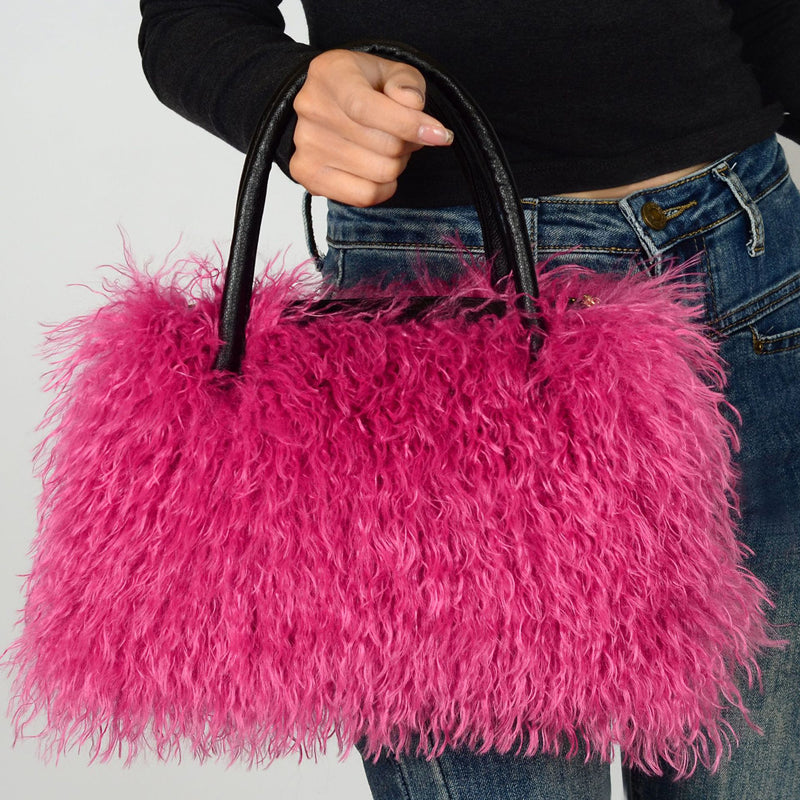 Imitation Wool Tote Bag With Genuine Leather Handles Handbag