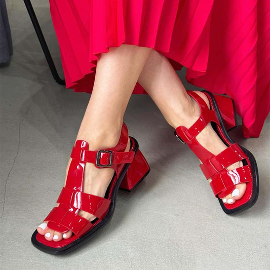 Square-toe Thick-heeled Woven Sandals