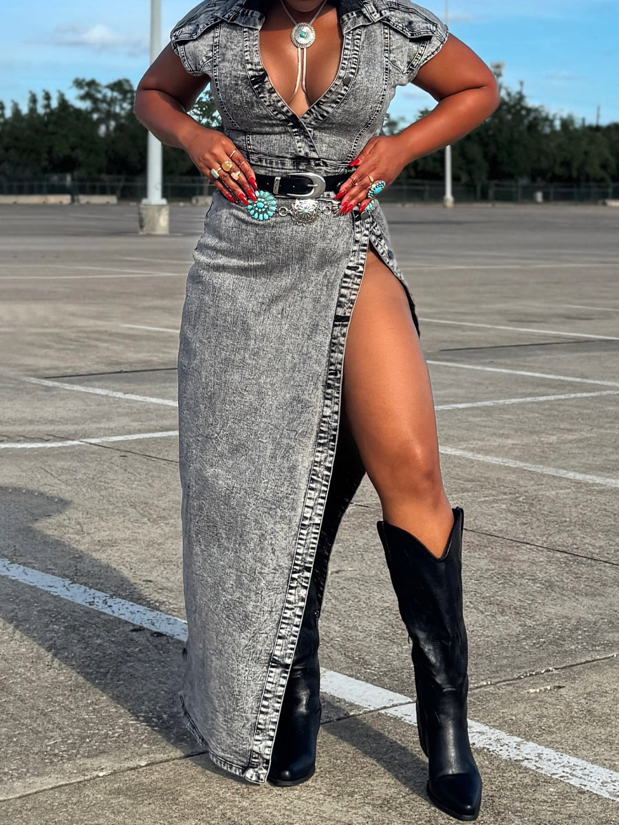 Deep V Neck Split Denim Maxi Dress