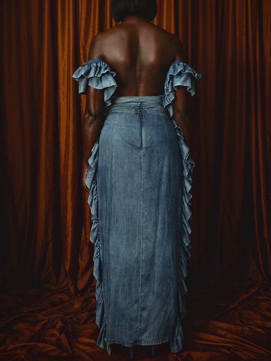Denim Ruffled Off Shoulder Two Pieces Dress