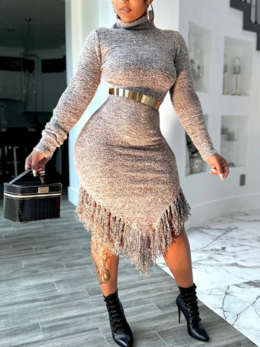 Asymmetrical Fringed Stretch Knit Dress