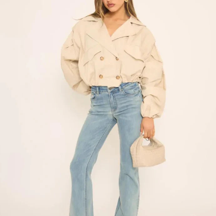 Long Sleeve Cinched Waist Cropped Trench Coat In Stone