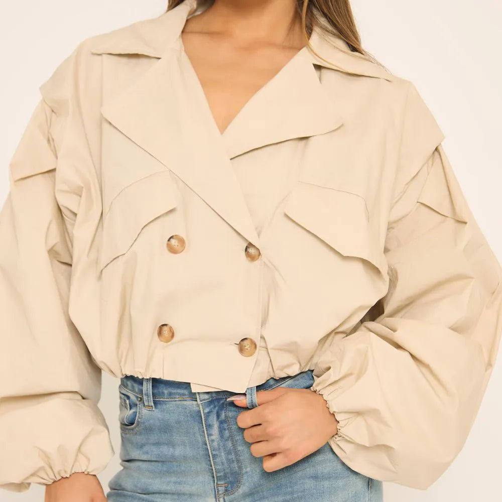 Long Sleeve Cinched Waist Cropped Trench Coat In Stone