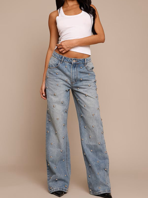 Mid Blue Dome Stud High Waisted Denim Jeans