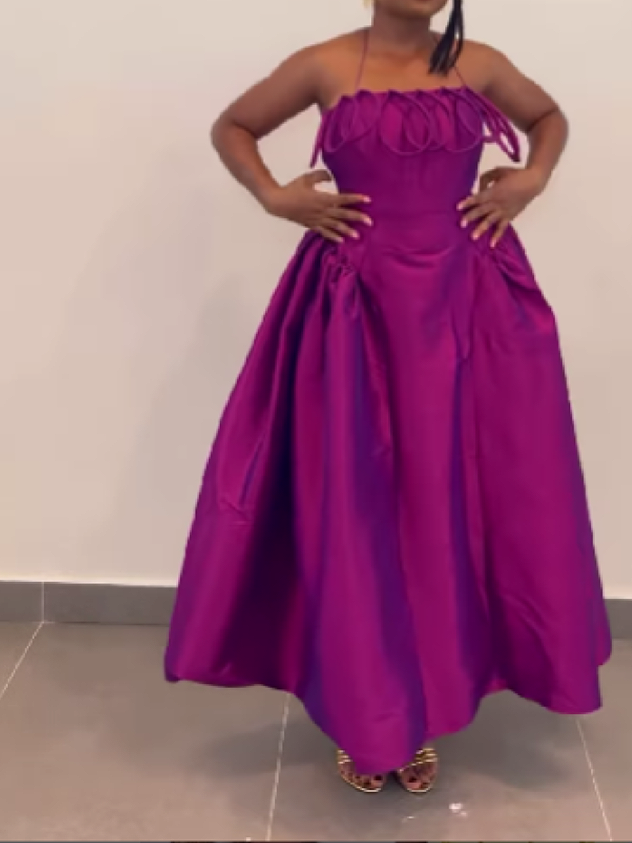 Fashion Hanging Neck Sling Pleated Solid Color Slim Large Dress