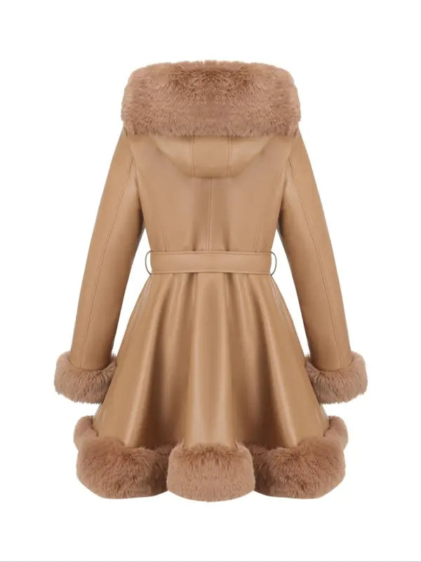 Women's Fall Winter Faux Leather Jacket with Detachable Belt