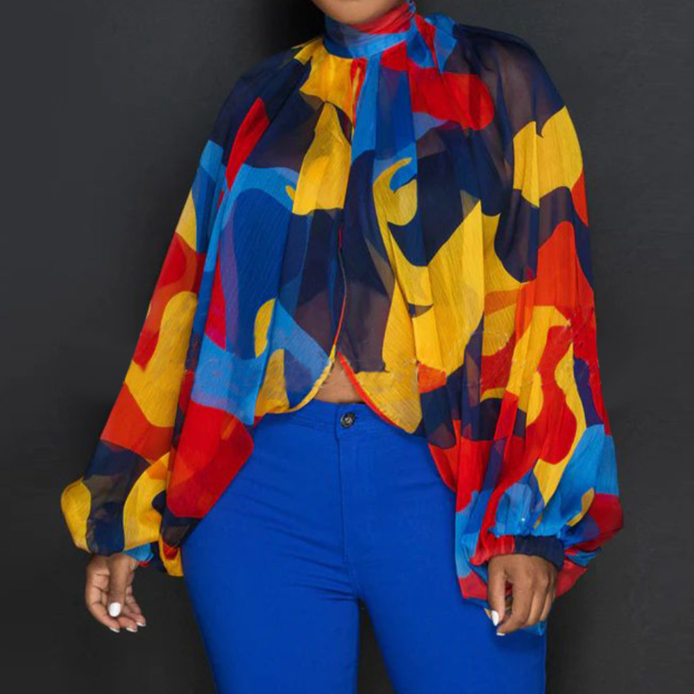 Printed Lace-Up Chiffon Top