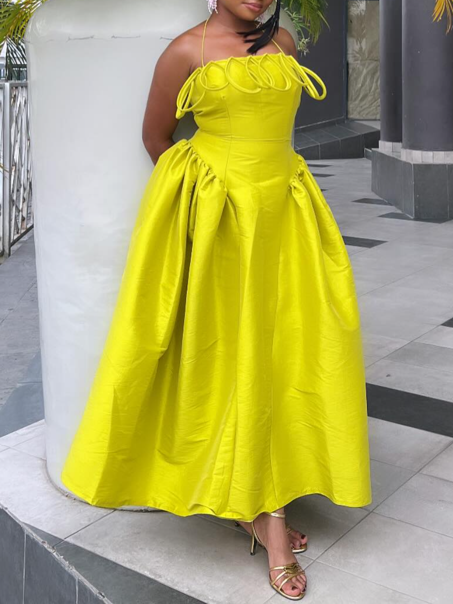 Fashion Hanging Neck Sling Pleated Solid Color Slim Large Dress