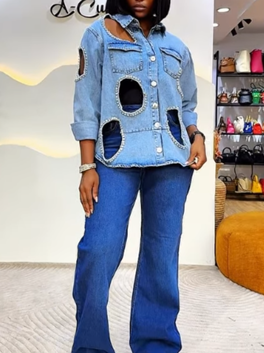 Denim Cutout Rhinestone-Trim Coat