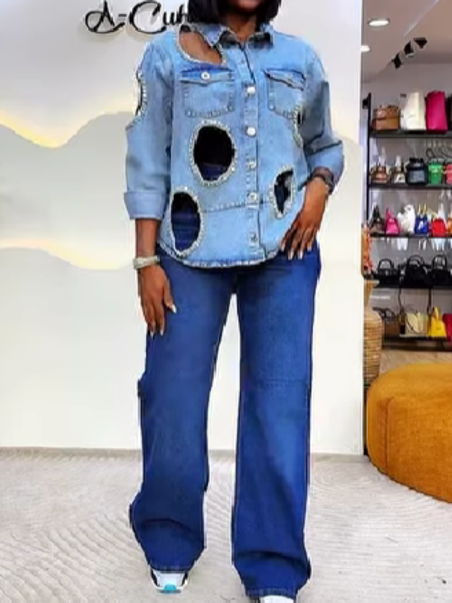 Denim Cutout Rhinestone-Trim Coat
