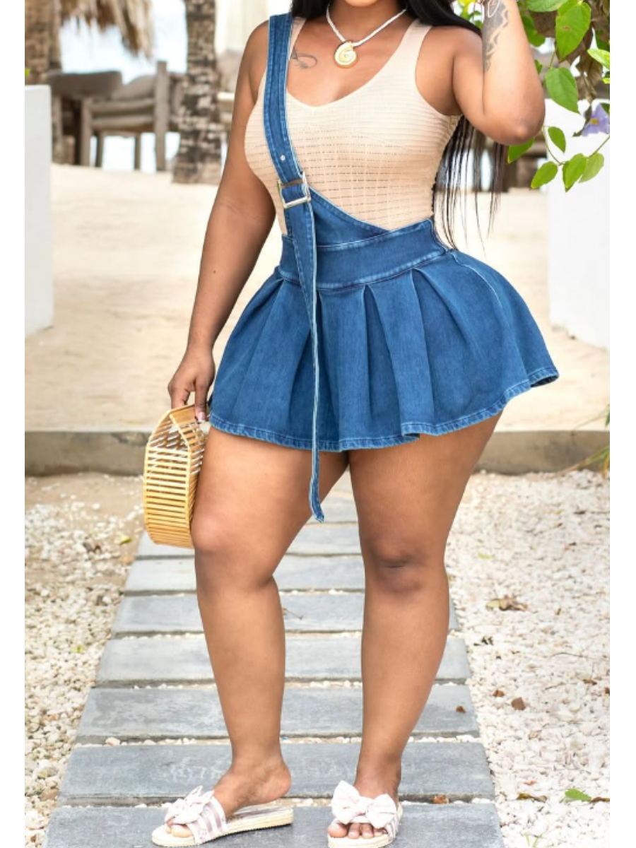 Adorable One-shoulder Denim-strap Skirt