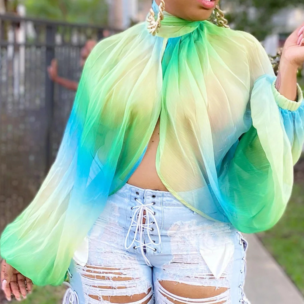 Printed Lace-Up Chiffon Top