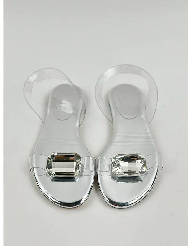 Silver Large Crystal Flat Sandals