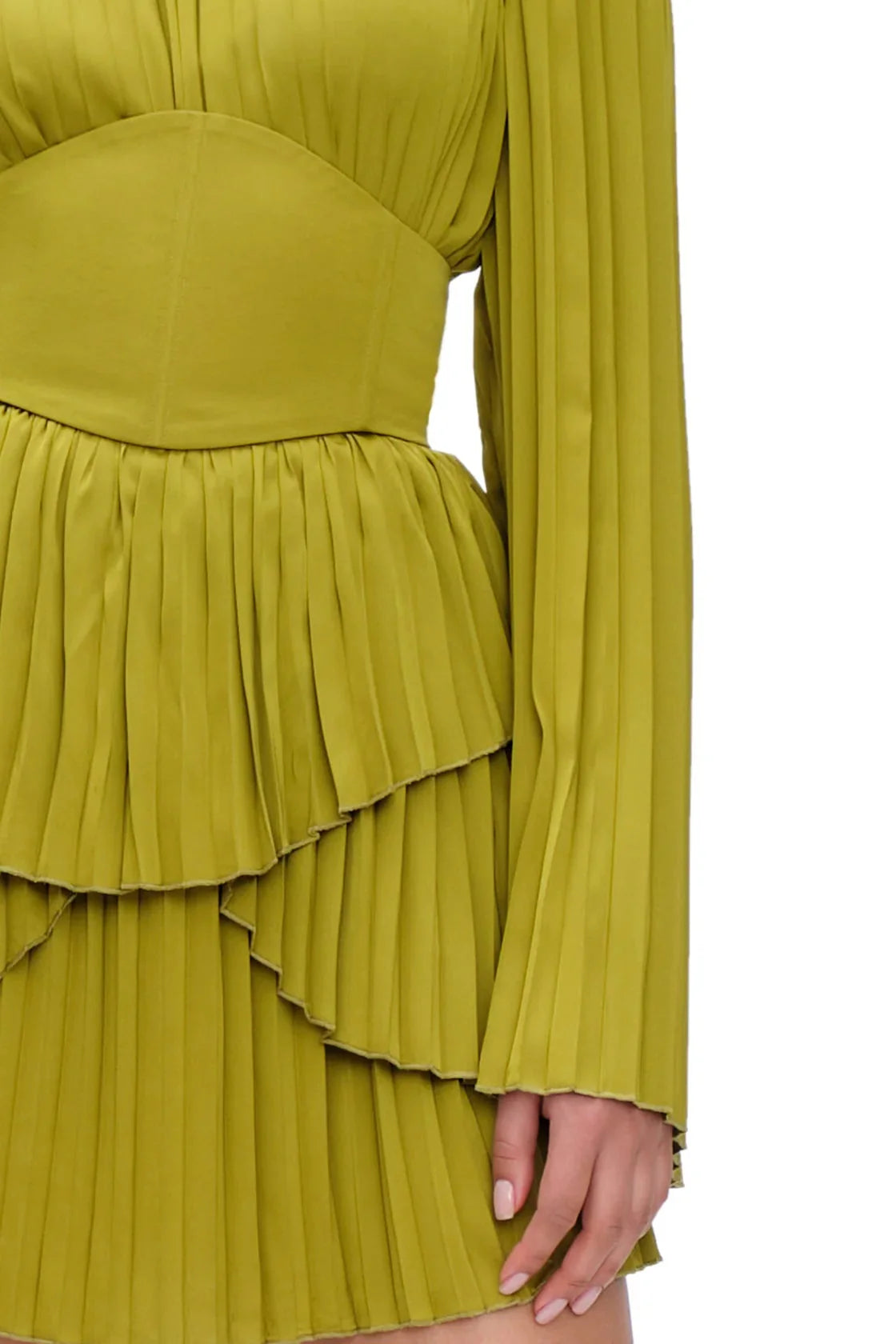 Fully Ruched Long Sleeve Lime Mini Dress with Cinched Waist