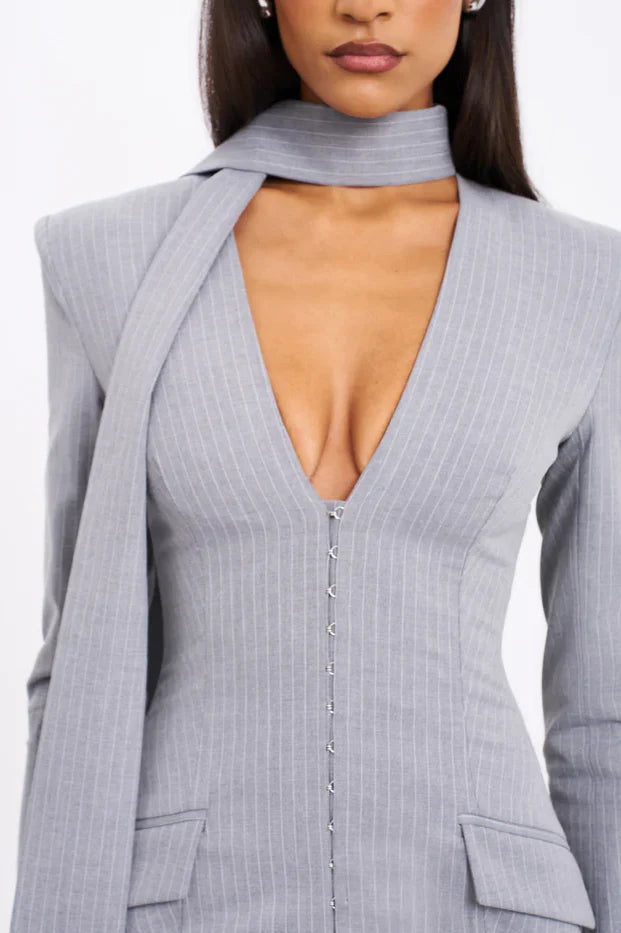 Deep V Pinstripes Gray Blazer Dress with scarf collar