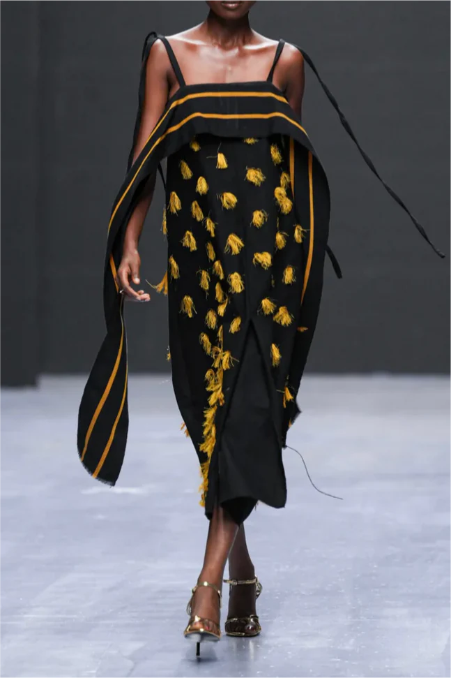 Black Spaghetti Strap Tassel Embroidered Asymmetrical Midi Dress