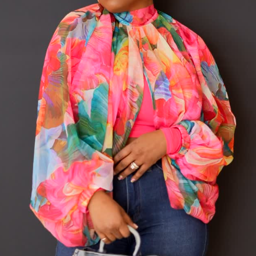 Printed Lace-Up Chiffon Top