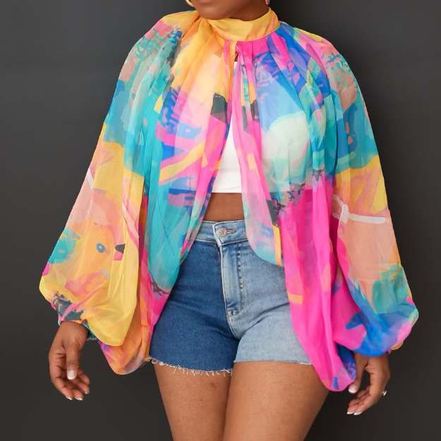 Printed Lace-Up Chiffon Top