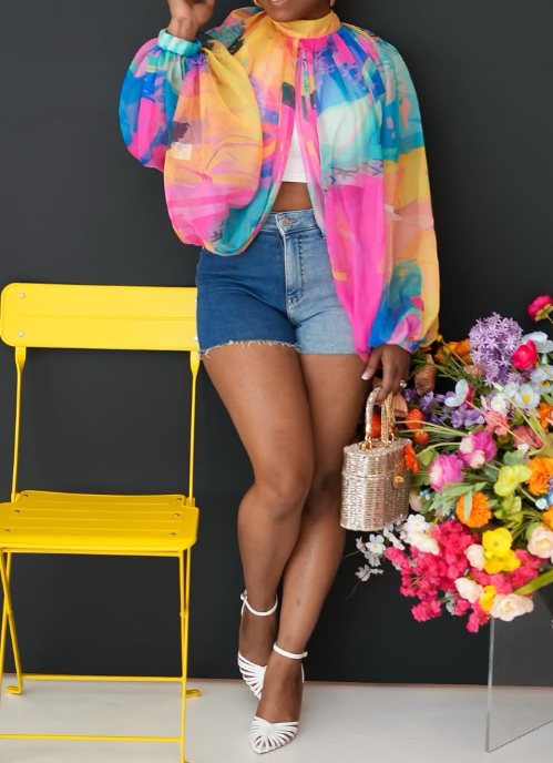 Printed Lace-Up Chiffon Top