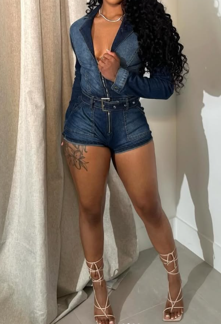 Patchwork Stretch Denim Jumpsuit With Belt