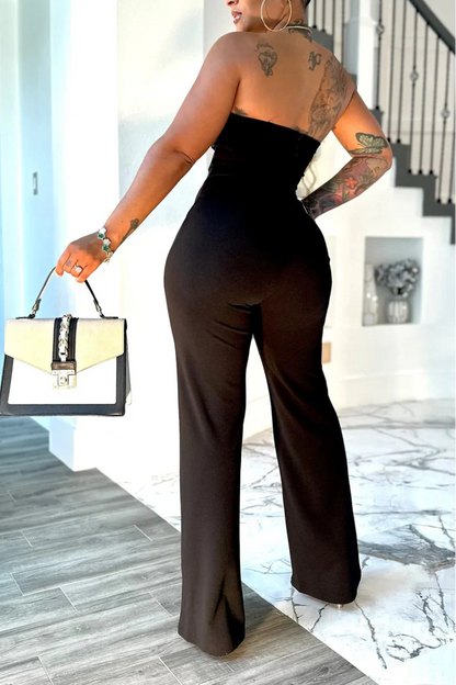 Silver Button Black and White Contrast Bandeau Jumpsuit