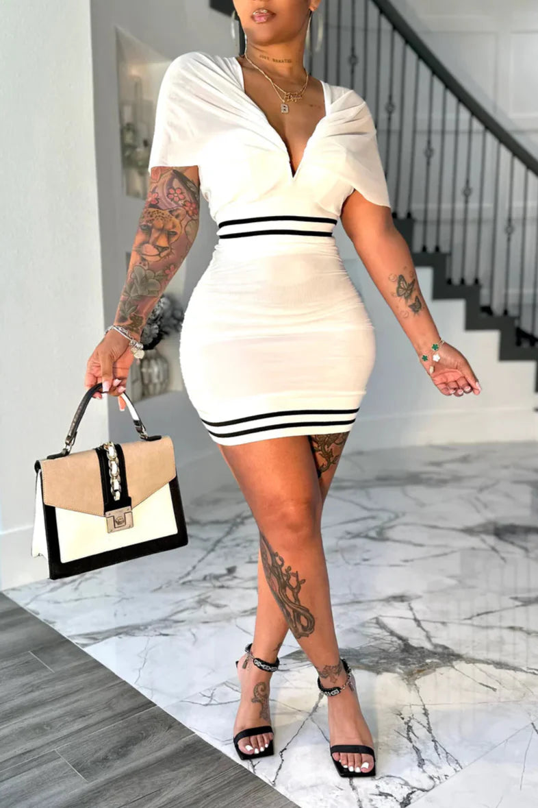 Curve Champion Bodycon Dress – White with Contrast Stripes