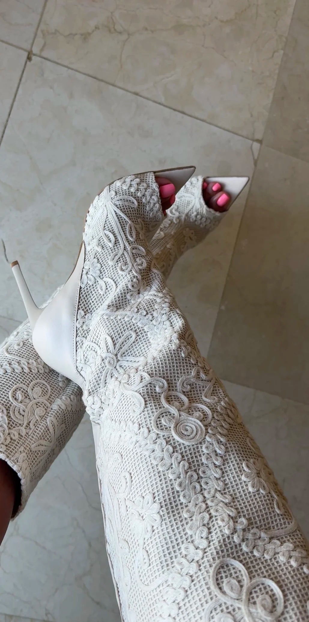Lace Embroidered Pointed-Toe Peep-Toe High Heel Boots