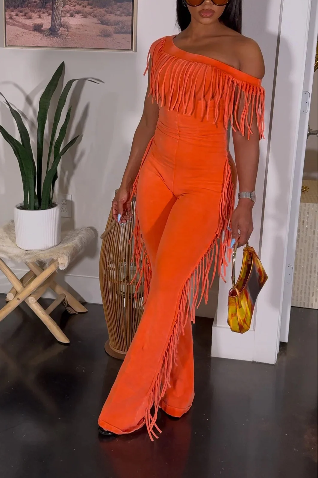Fringe Off-Shoulder Orange Jumpsuit – Festival Ready Statement One-Piece for Women