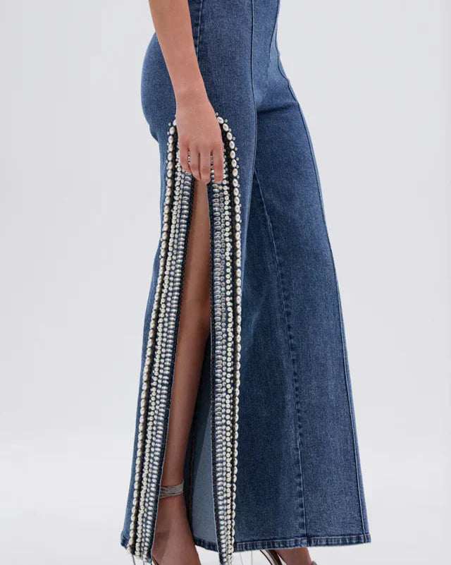 PearlEdge Denim Two-Piece Set – Asymmetric Crop Top & Wide-Leg Pants