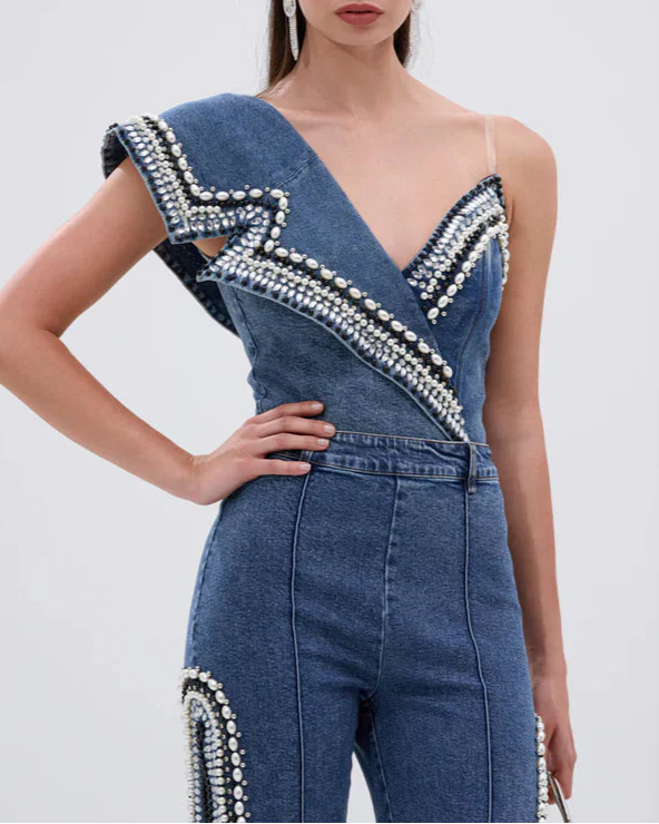 PearlEdge Denim Two-Piece Set – Asymmetric Crop Top & Wide-Leg Pants