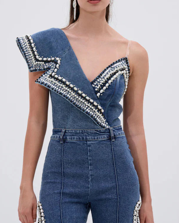 PearlEdge Denim Two-Piece Set – Asymmetric Crop Top & Wide-Leg Pants