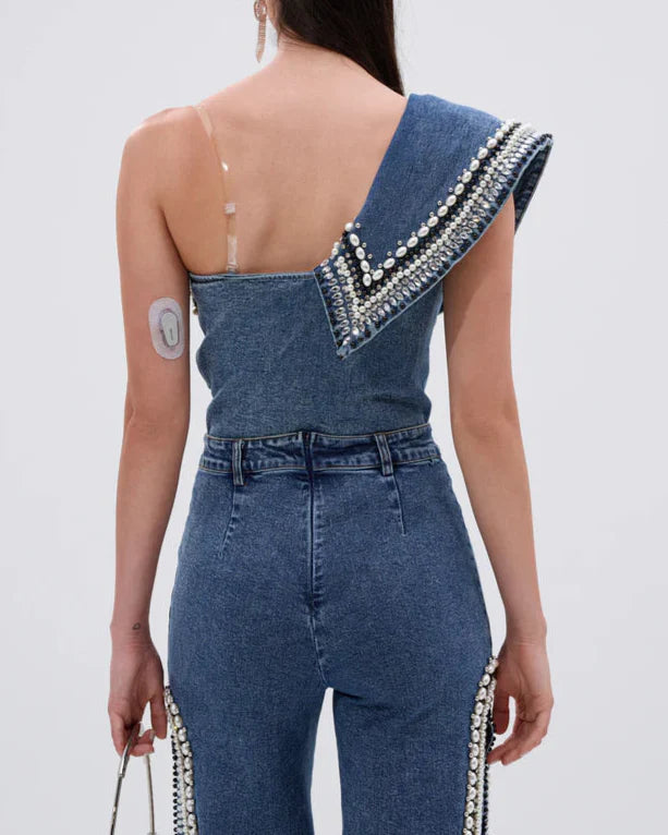 PearlEdge Denim Two-Piece Set – Asymmetric Crop Top & Wide-Leg Pants