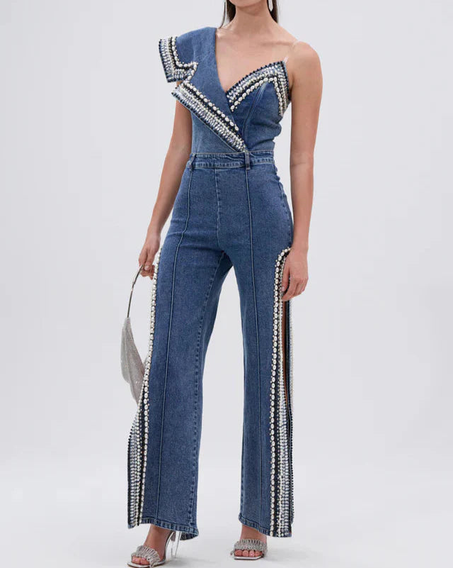 PearlEdge Denim Two-Piece Set – Asymmetric Crop Top & Wide-Leg Pants