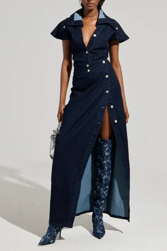 CHELSEA BUTTON SIDE DENIM MAXI DRESS