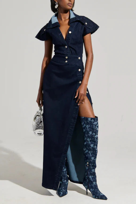 CHELSEA BUTTON SIDE DENIM MAXI DRESS