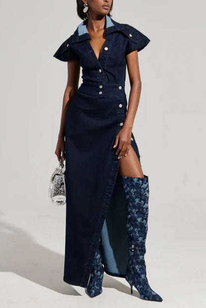CHELSEA BUTTON SIDE DENIM MAXI DRESS