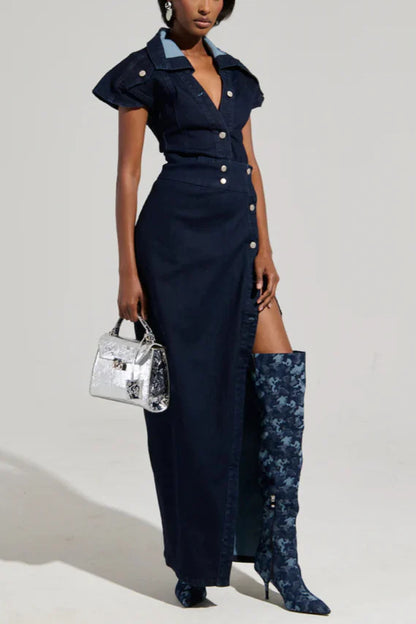 CHELSEA BUTTON SIDE DENIM MAXI DRESS