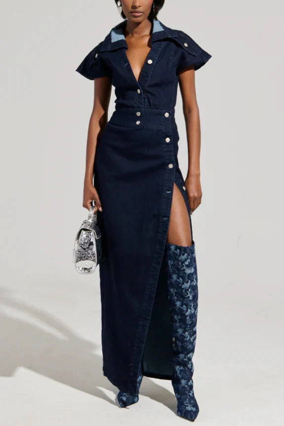 CHELSEA BUTTON SIDE DENIM MAXI DRESS