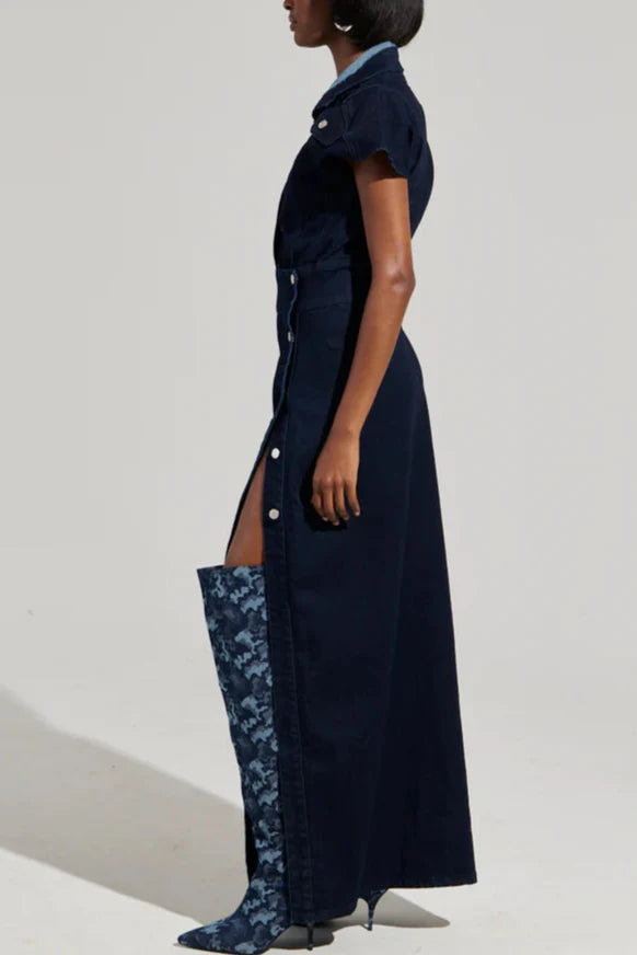 CHELSEA BUTTON SIDE DENIM MAXI DRESS