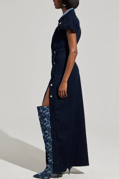CHELSEA BUTTON SIDE DENIM MAXI DRESS