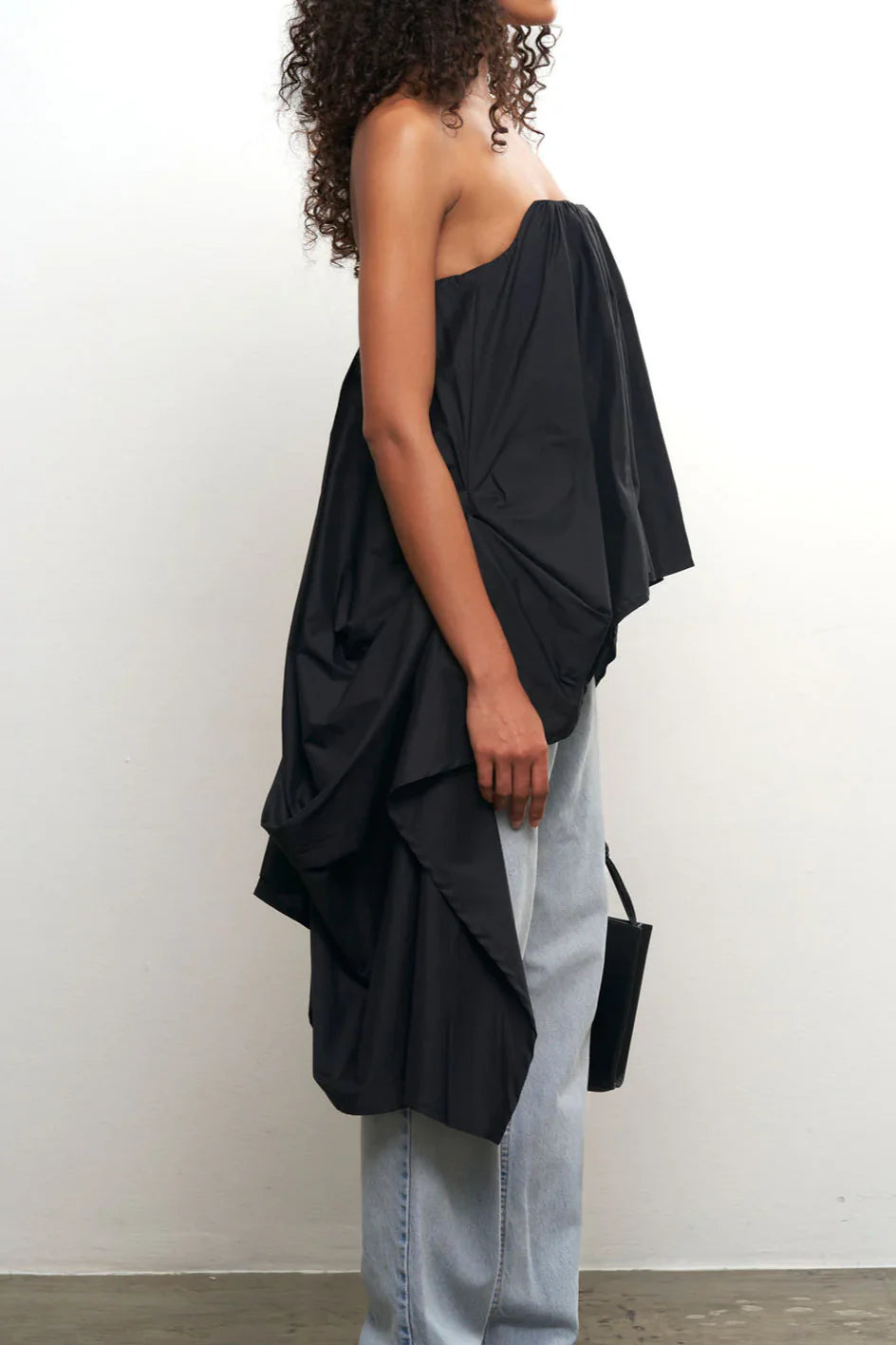 Black Strapless Top With Structured Draping