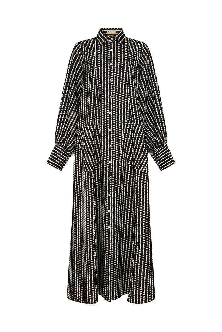 Maxi Flared Shirt Dress in Black & White Diamond Stripes
