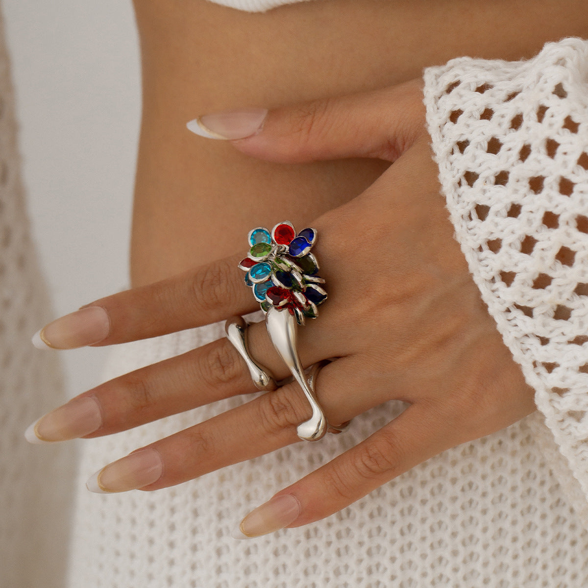 Color Gemstone Pendant Tassel Ring